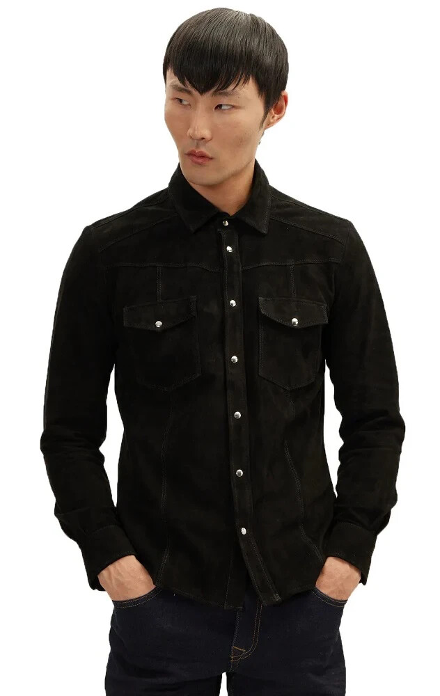 Men Black Suede Leather Shirt Jacket Pure Soft Lambskin Made To Measure Shirt