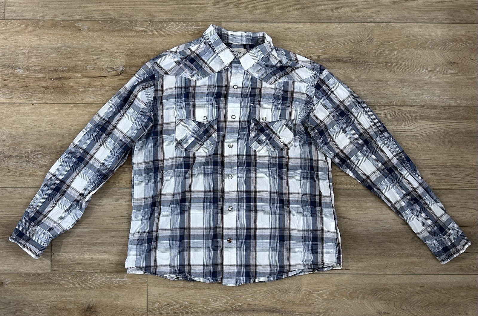 Ariat Retro Fitted Mens XLarge Blue Plaid Western Pearl Snap Long Sleeve Shirt