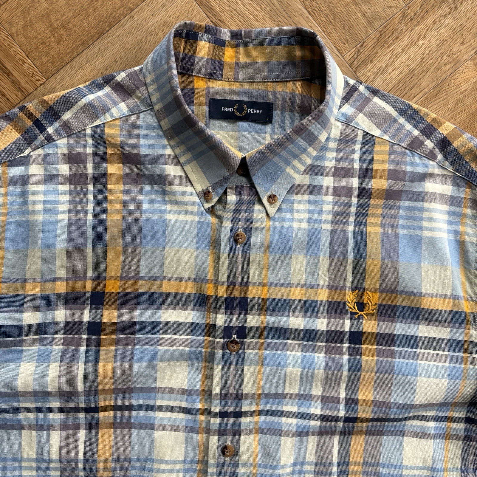 FRED PERRY Short Sleeve Check Shirt Blue White Orange Mens Size Large Mod 60s