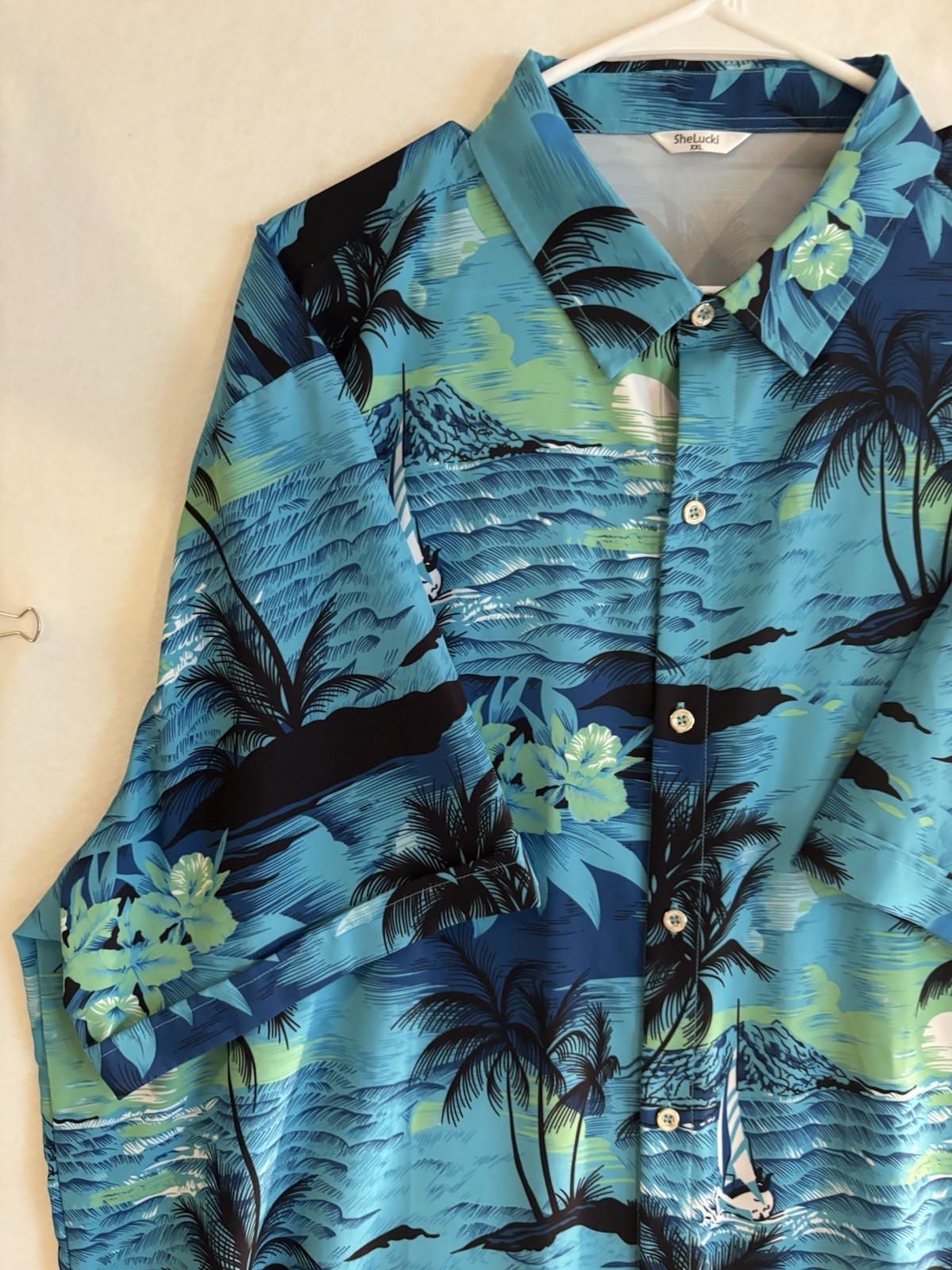 SheLucki Men’s Blue Hawaiian Tropical Floral Short Sleeve Button-Up Shirt XXL