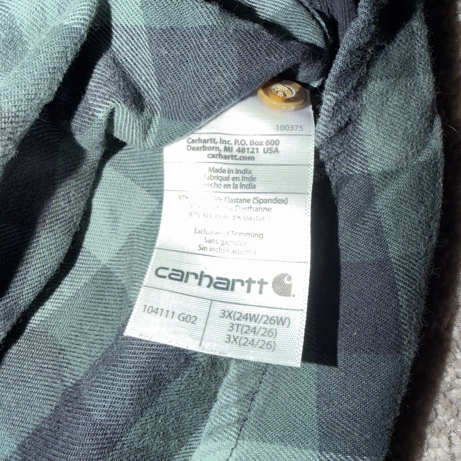 Carhartt Mens Plaid Flannel Shirt Size 3XL Heavy Cotton Original Fit Black/Green