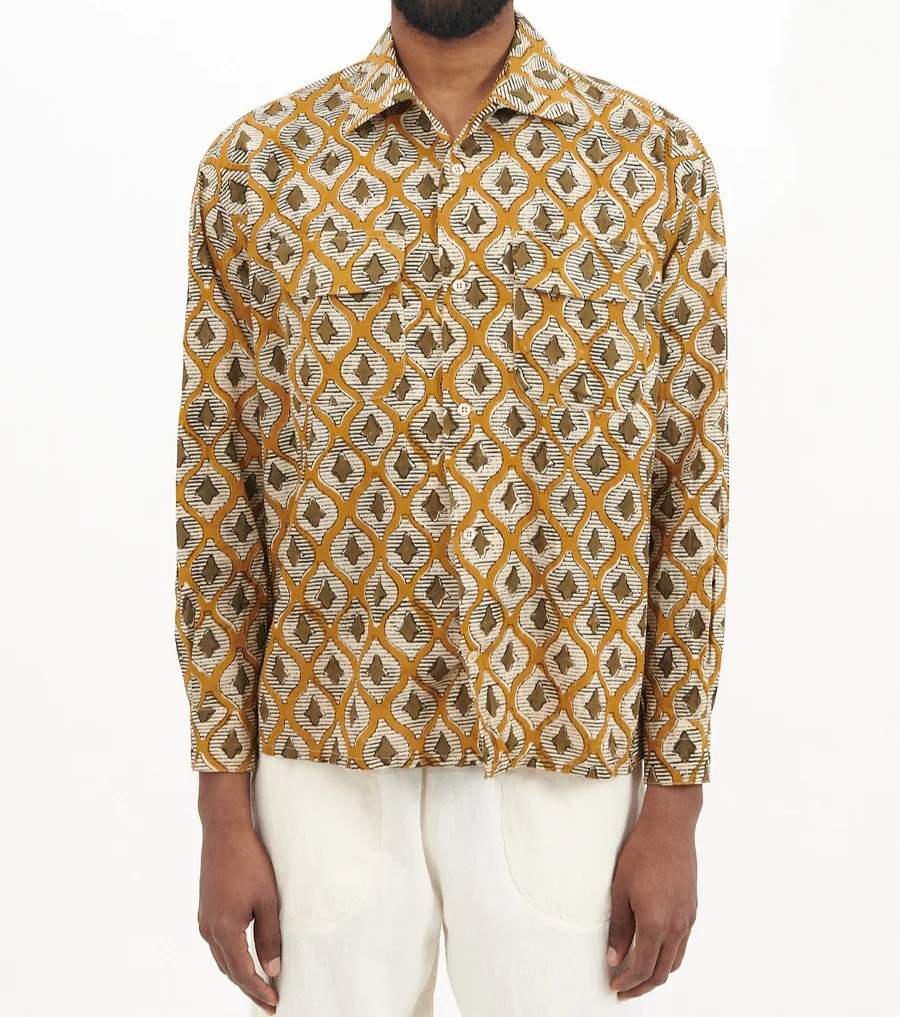 TS(S) KHAKI ETHNIC PRINT ROUND FLAP POCKET LONG SLEEVE MEN’S COTTON SHIRT $270
