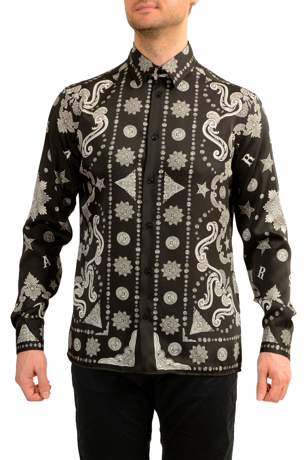 Versace Men’s Black & Silver Barocco Print Long Sleeve Shirt US M IT 50
