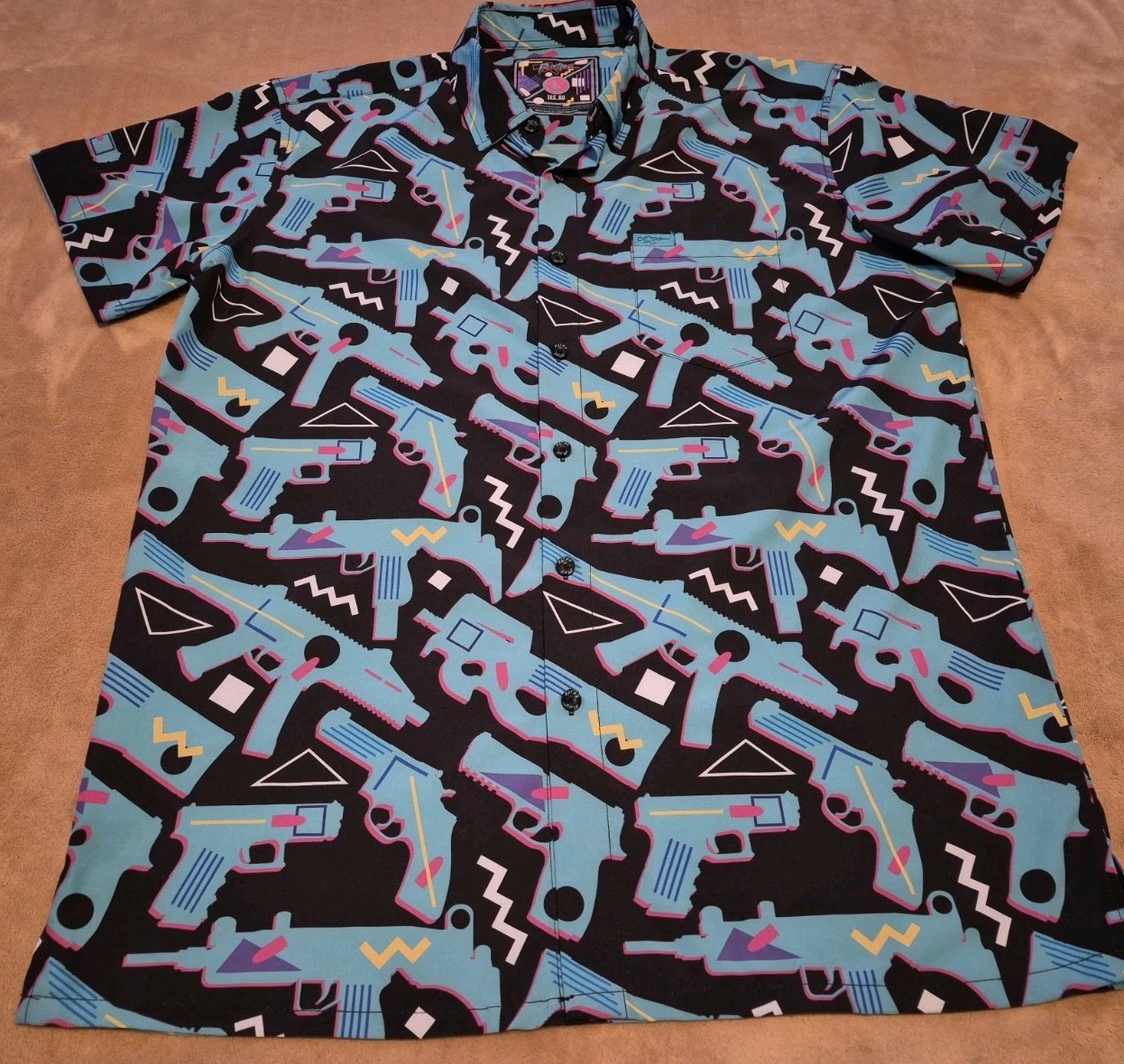 PRISTINE Retro Rifle The 80 Shirt Mens LARGE Teal All Over Print Button Shirt