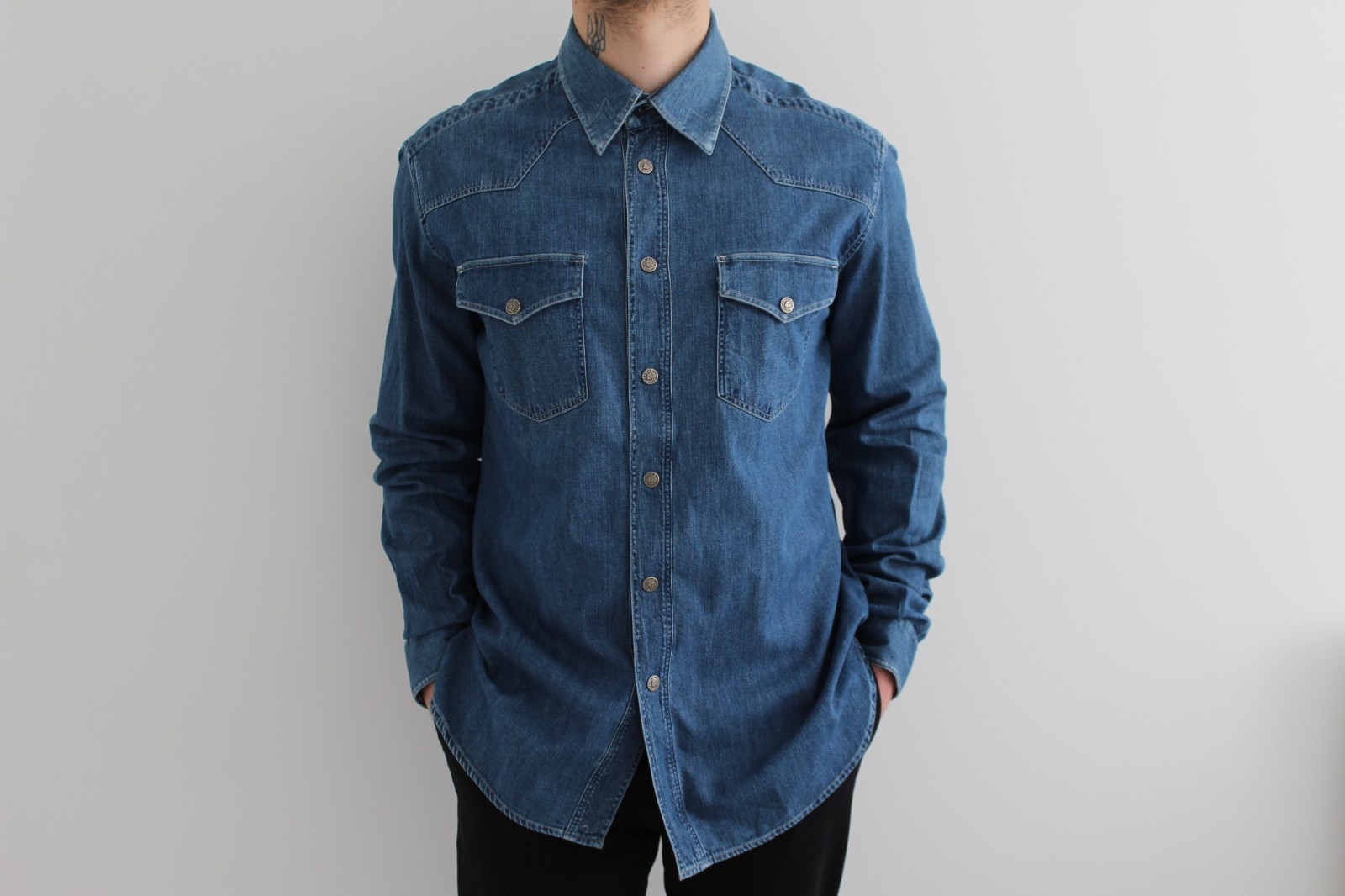 Versace Jeans Couture Vintage Mens Blue Denim Pockets Shirt L/XL 90s Rare
