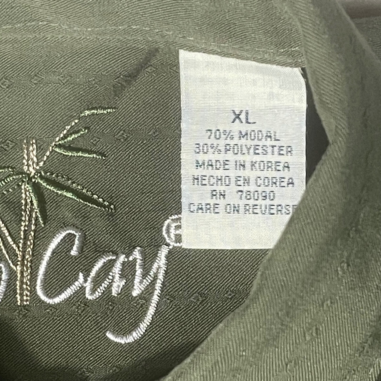 Bamboo Cay Mens XL Green Palm Tree Embroidered Modal Blend Camp Shirt Olive