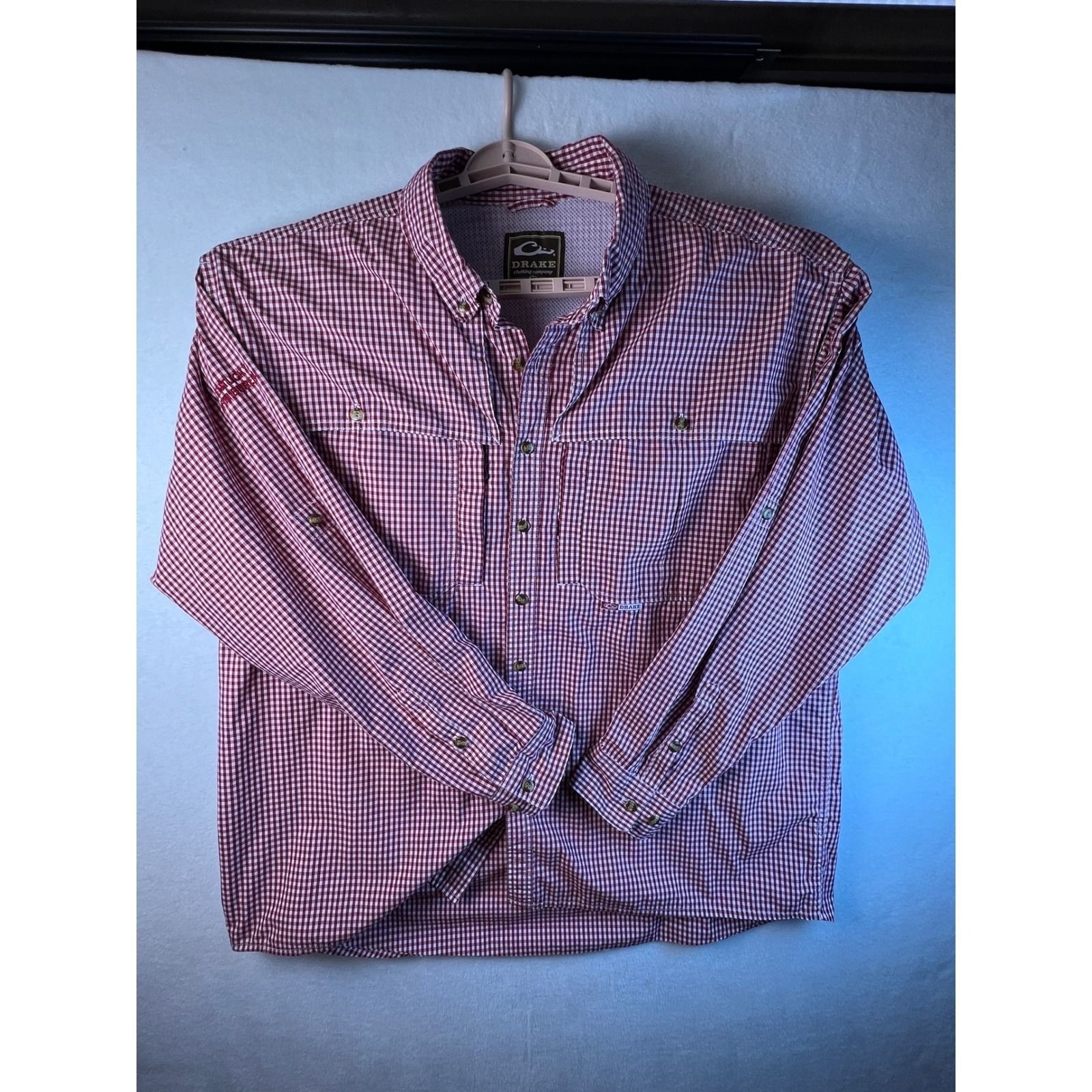 Drake Waterfowl Mens 2X Gingham Fishing Shirt Red White Kentucky Farm Bureau 2XL