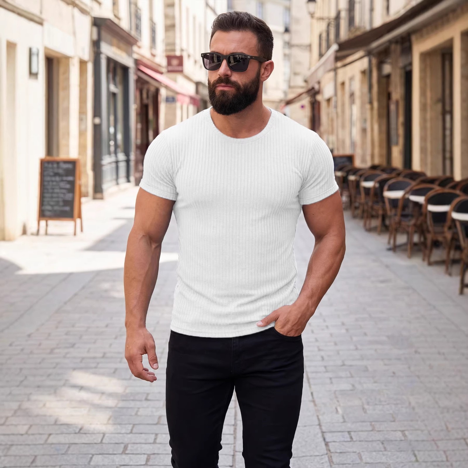 Summer Vertical Stripe Stretch Crew Neck Athletic Tee