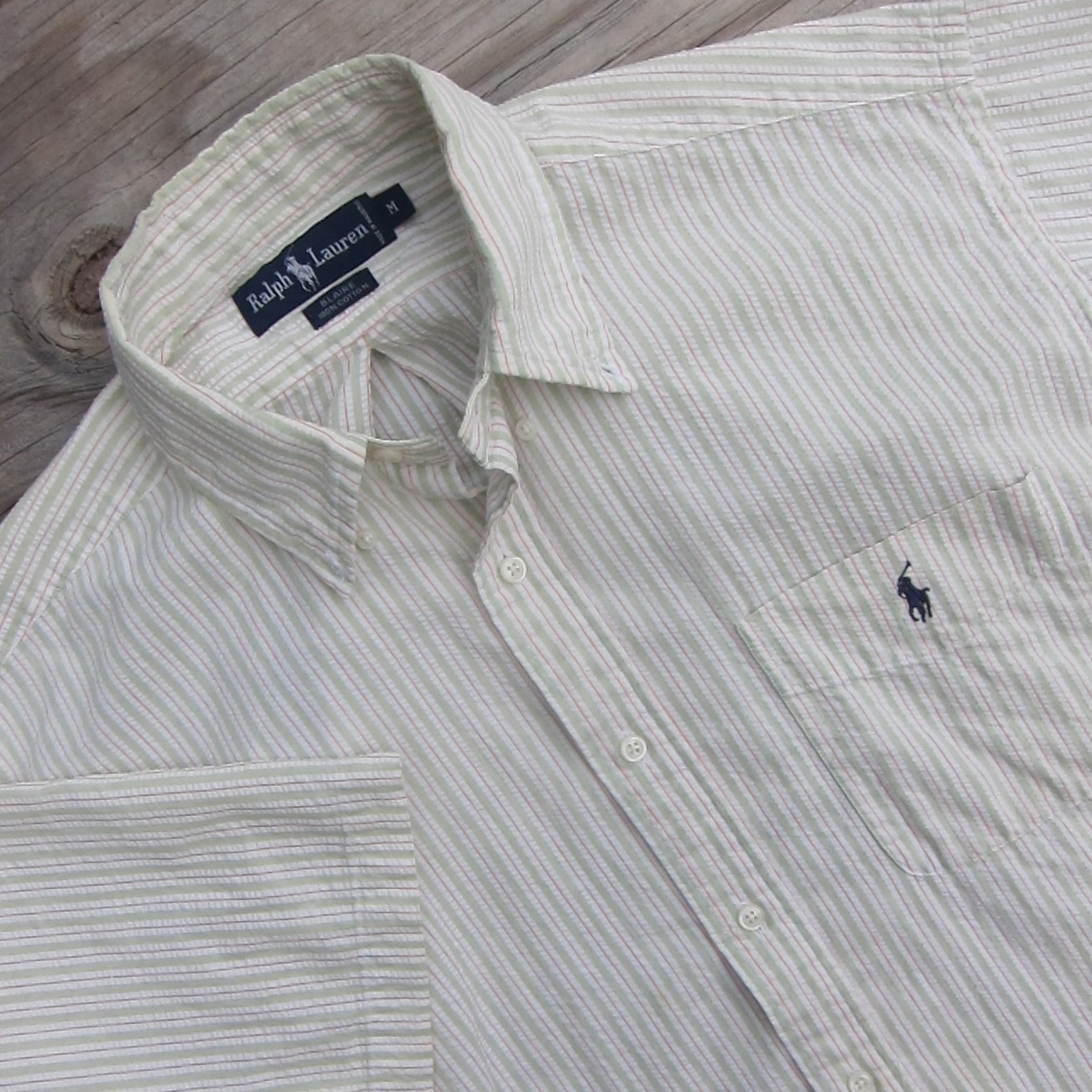 Ralph Lauren Shirt Mens M Green Orange Striped Seersucker Blaire Short Sleeve