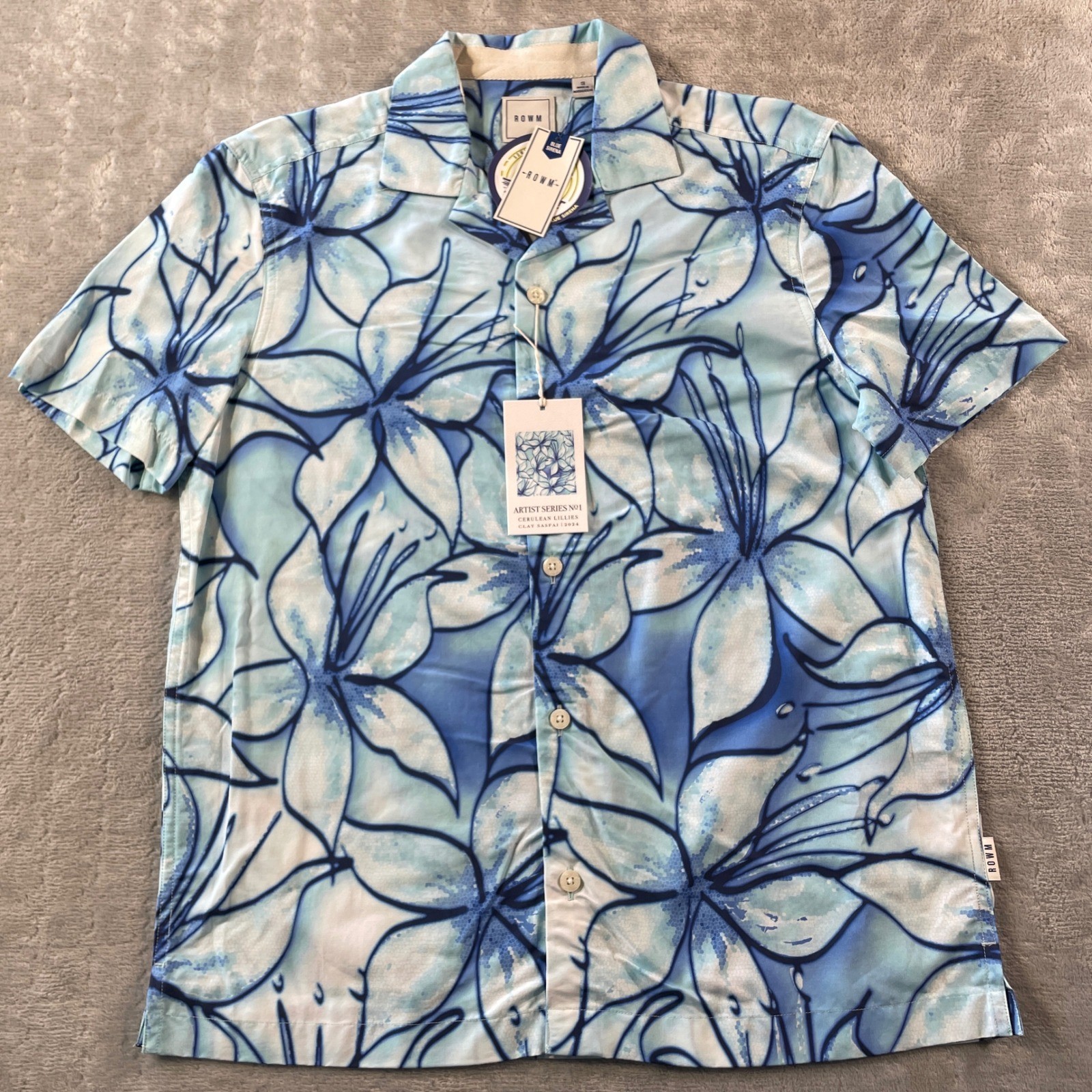 ROWM Shirt Artist Series Mens Small Blue Lillies Beach Vacation Resort Swim