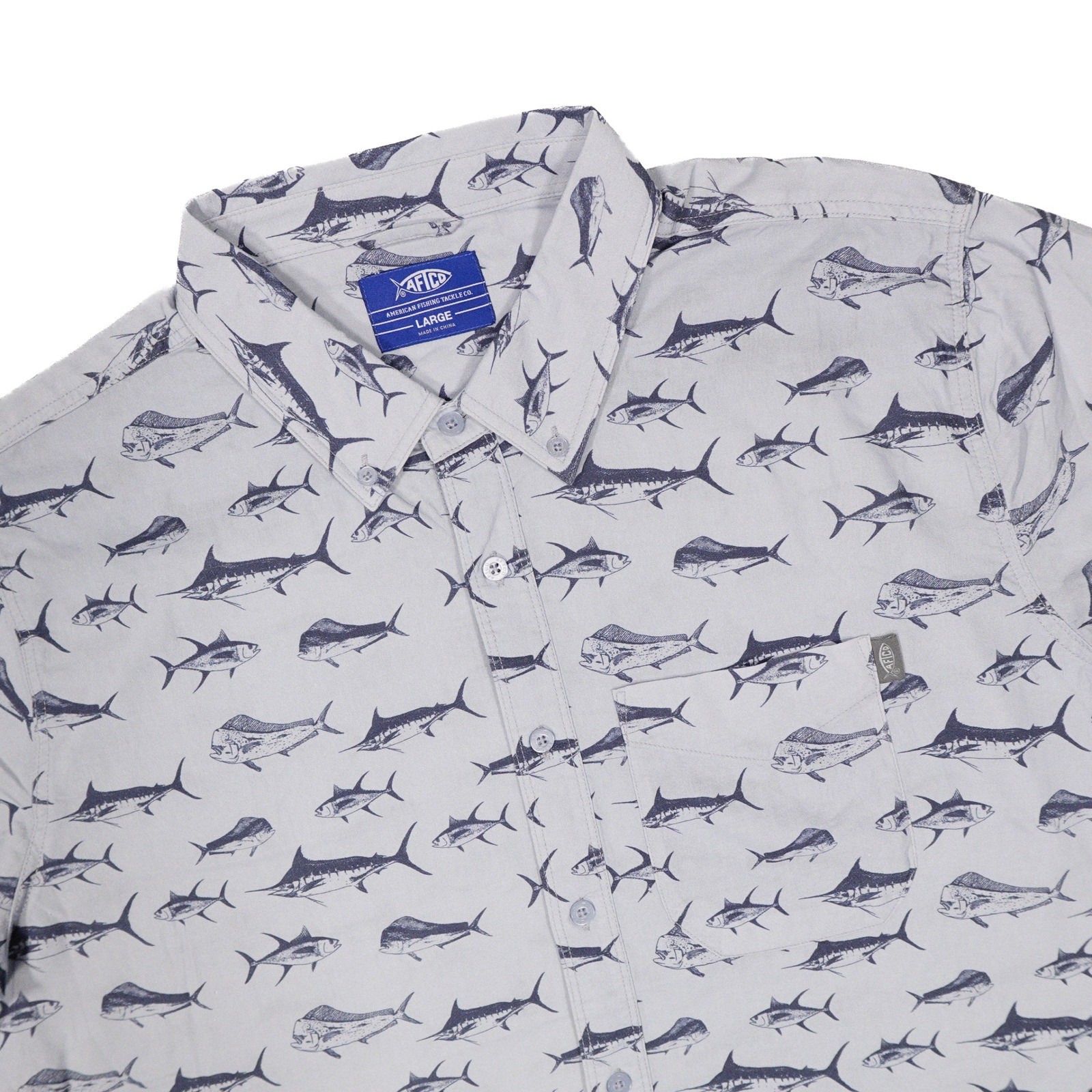 AFTCO Men’s L Blue Fish Print Boat Bar Woven Short Sleeve Button Down Shirt