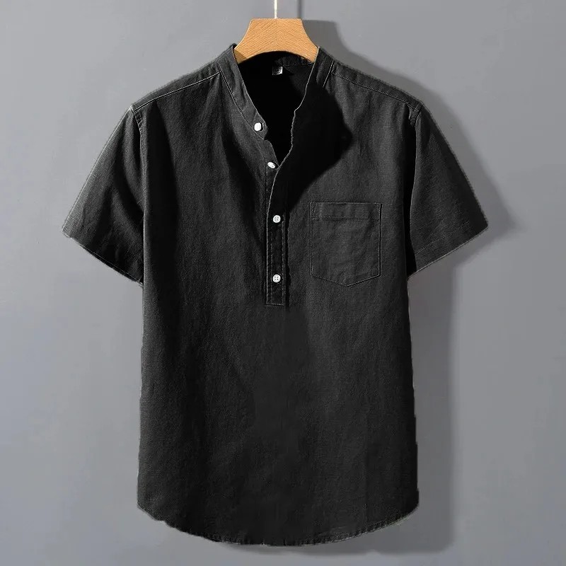Men’s Cotton Stand Collar Summer T-Shirt Casual Breathable Short Sleeve Top