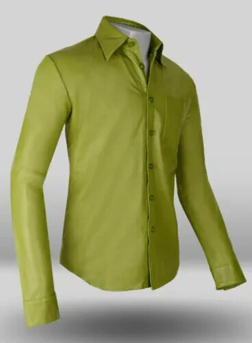 Stylish Shirt Casual Men Genuine Green Handmade Lambskin Leather Formal Soft