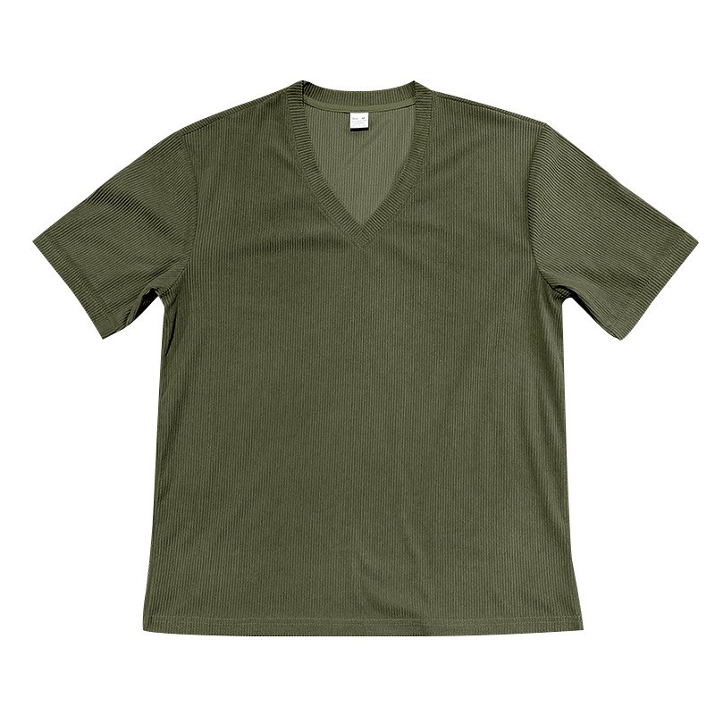 Men’s summer V-neck corduroy short sleeve solid color slim fit casual T-shirt