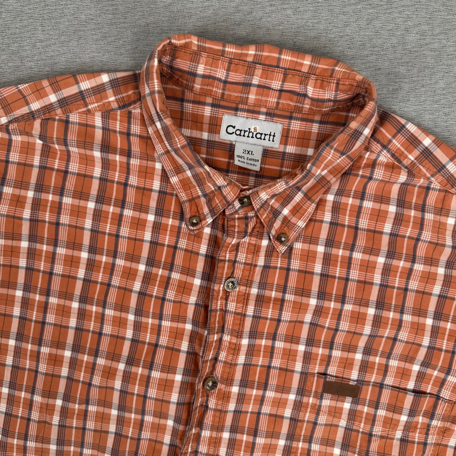 Carhartt Button Down Shirt Mens 2XL Orange Plaid Short Sleeve Cotton Workwear