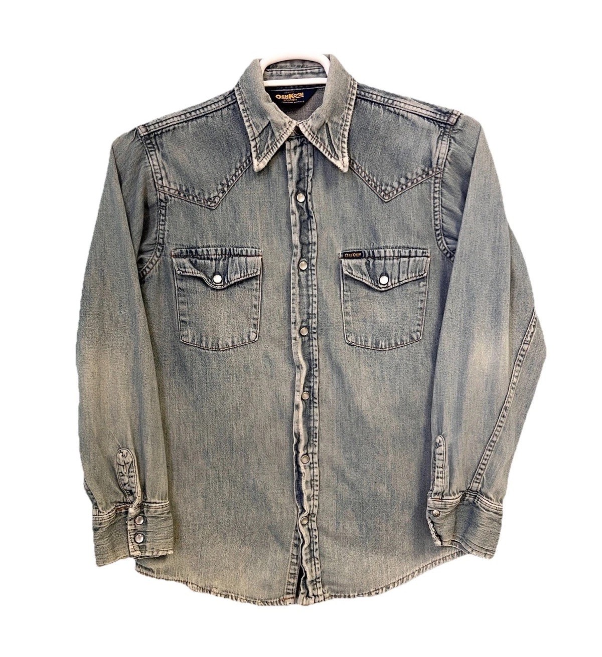 Vintage Oshkosh Denim Western Shirt Faded Distressed Snap Button Workwear Small