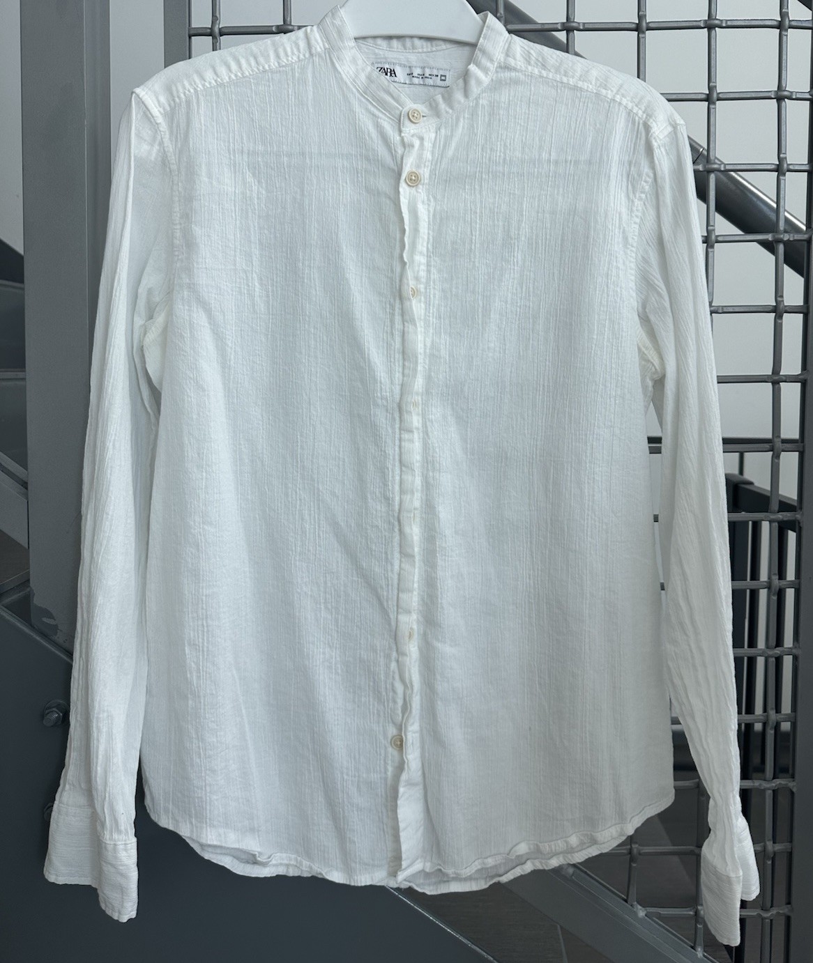 ZARA Men’s White Solid Long Sleeve Woven Button-Up Band Collar Shirt Size S