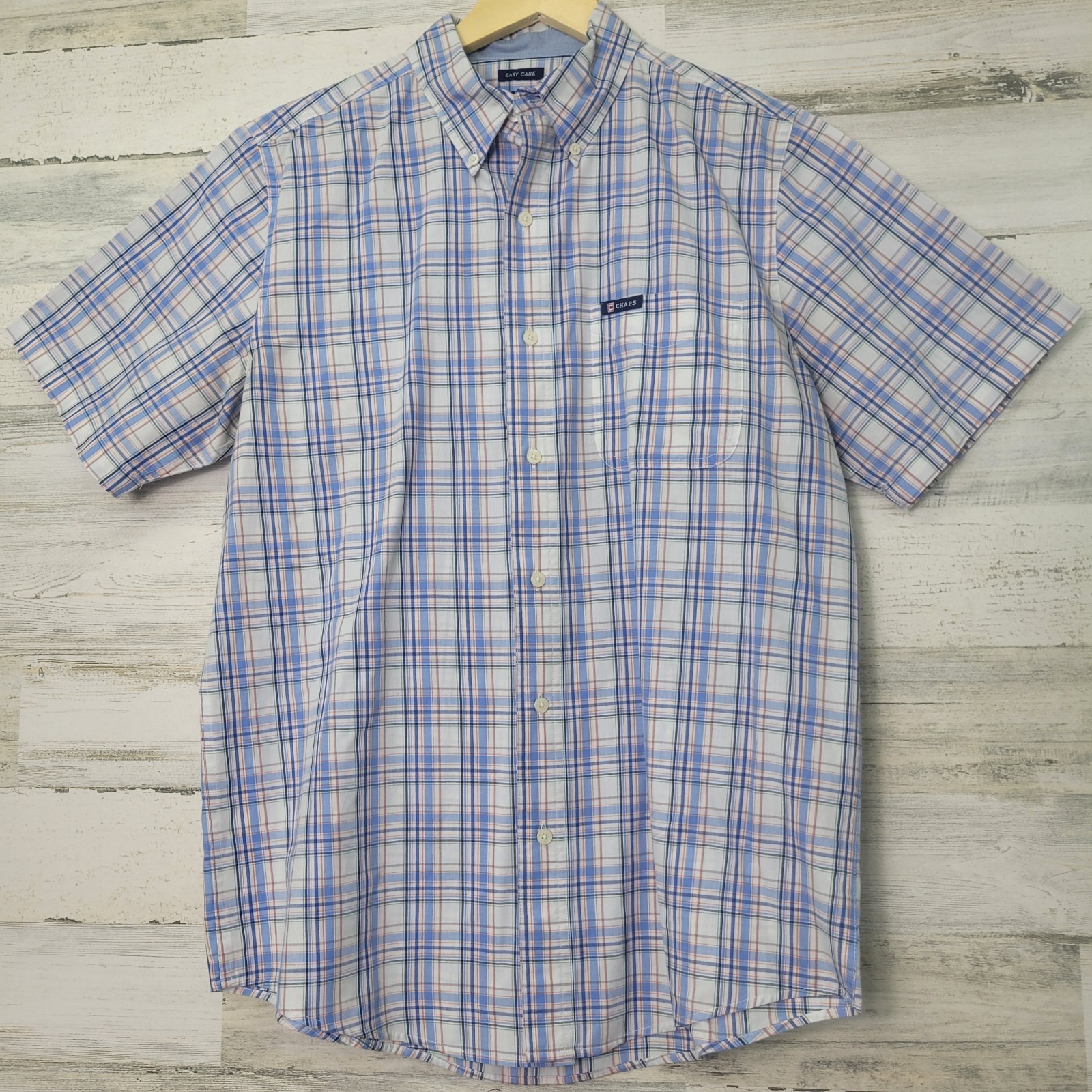Chaps Men’s Medium Blue White Orange Plaid Short Sleeve Button Shirt