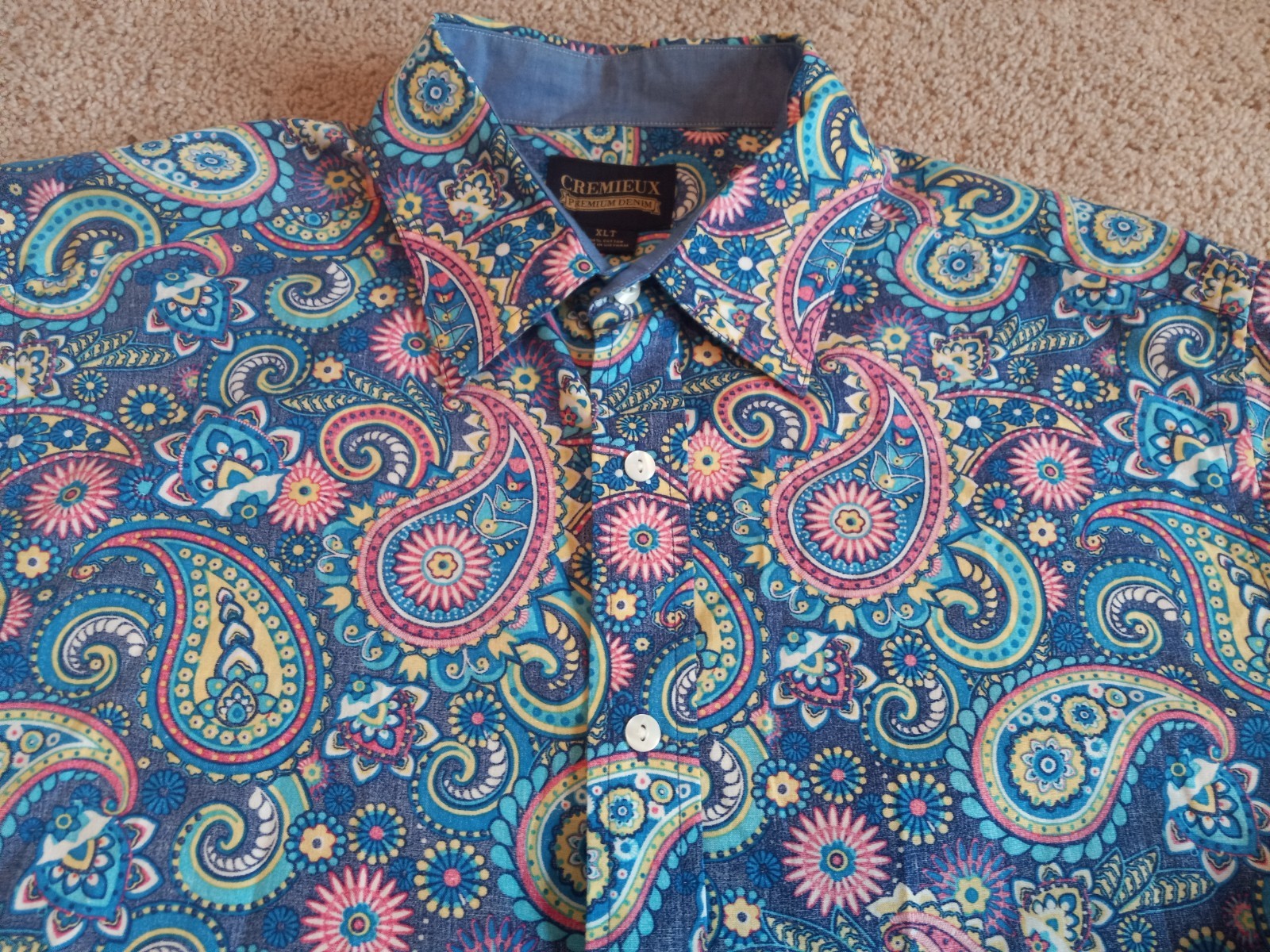 CREMIEUX Premium Denim Men XLT Paisley Hippy Boho Long Sleeve Shirt 100% Cotton