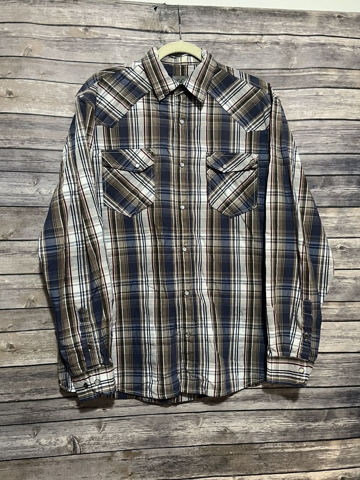 GC BLUE Vintage Collection Western Pearl Snap Shirt Blue Brown Plaid XL L/S