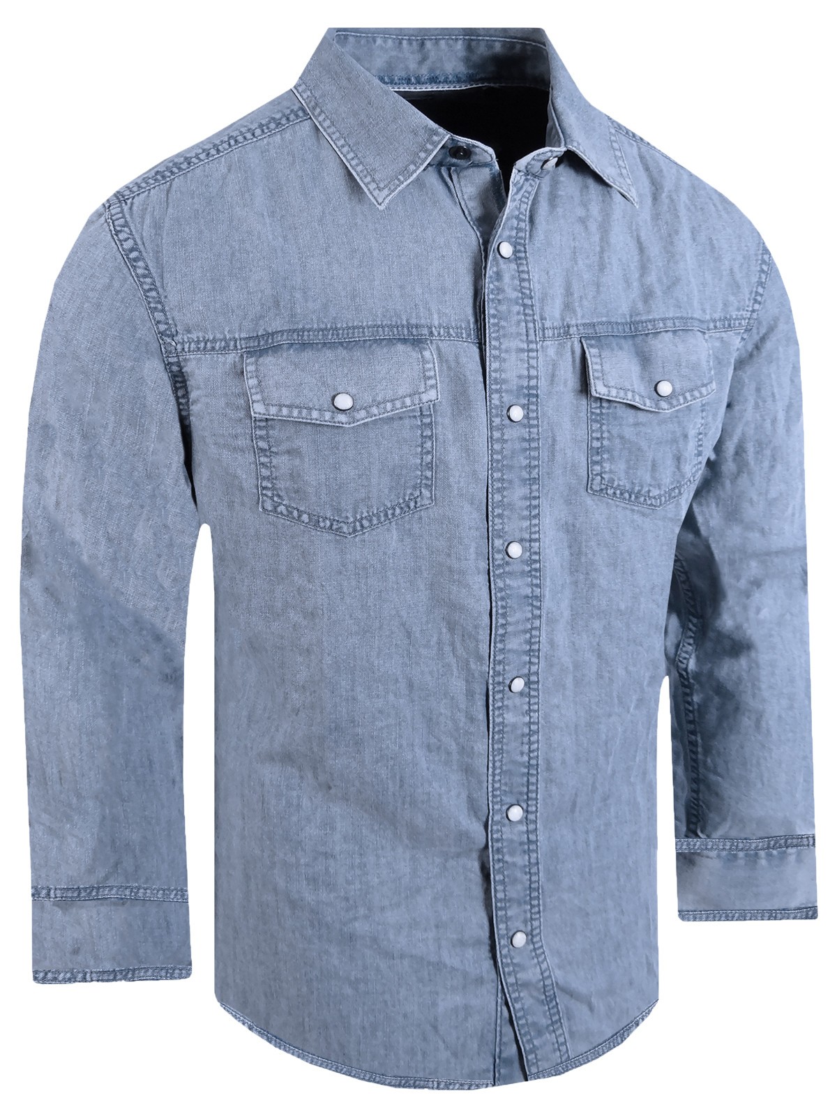 Washed Denim Cotton Shirt Mens Casual Workwear Stretch Snap Pockets BIG FITTING
