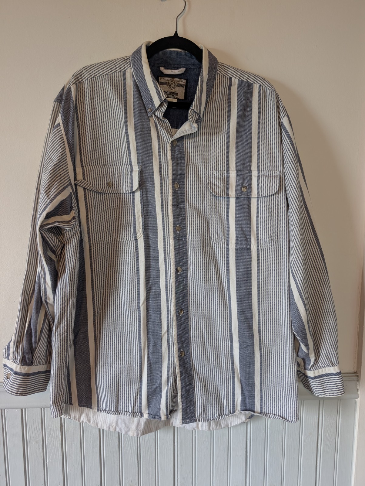 Vintage Wrangler Rugged Wear Striped Button Up Denim Shirt Large Cowboy Western