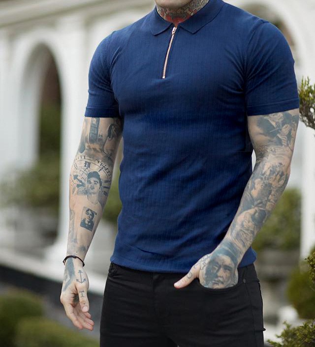 Summer Men’s Zip Vertical Stripe Stretch Athletic Polo