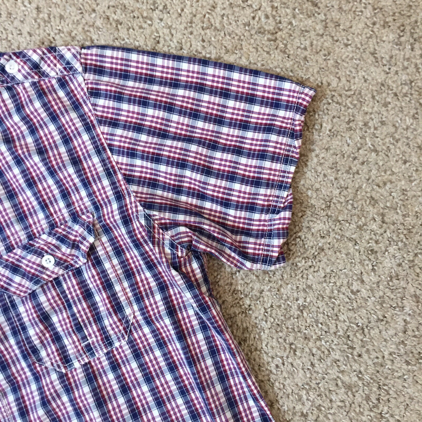 PD&C Shirt Mens Large Blue Red Plaid Short Sleeve Button Up