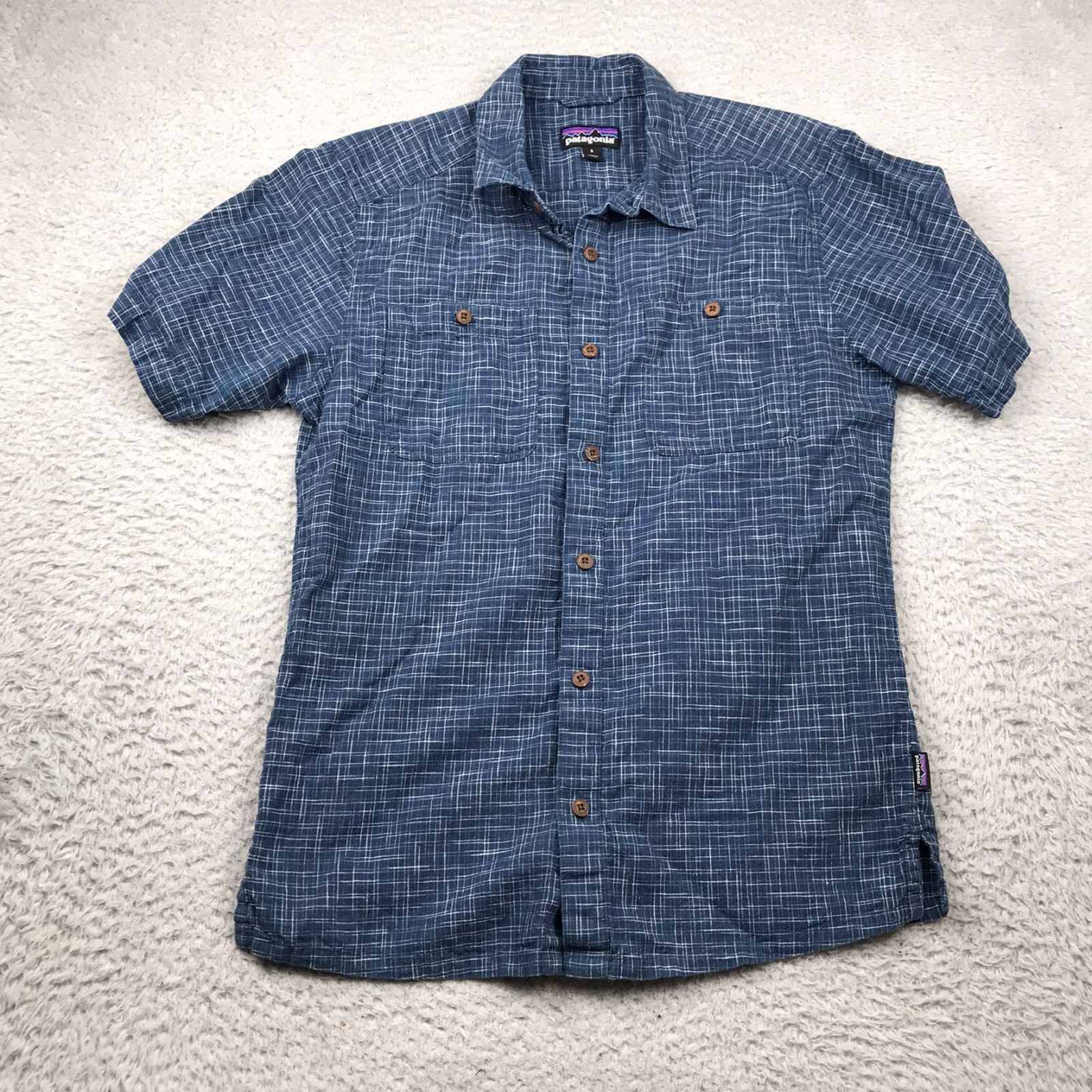 Patagonia Back Step Shirt Mens SBlue Check Lightweight Hemp Organic Cotton