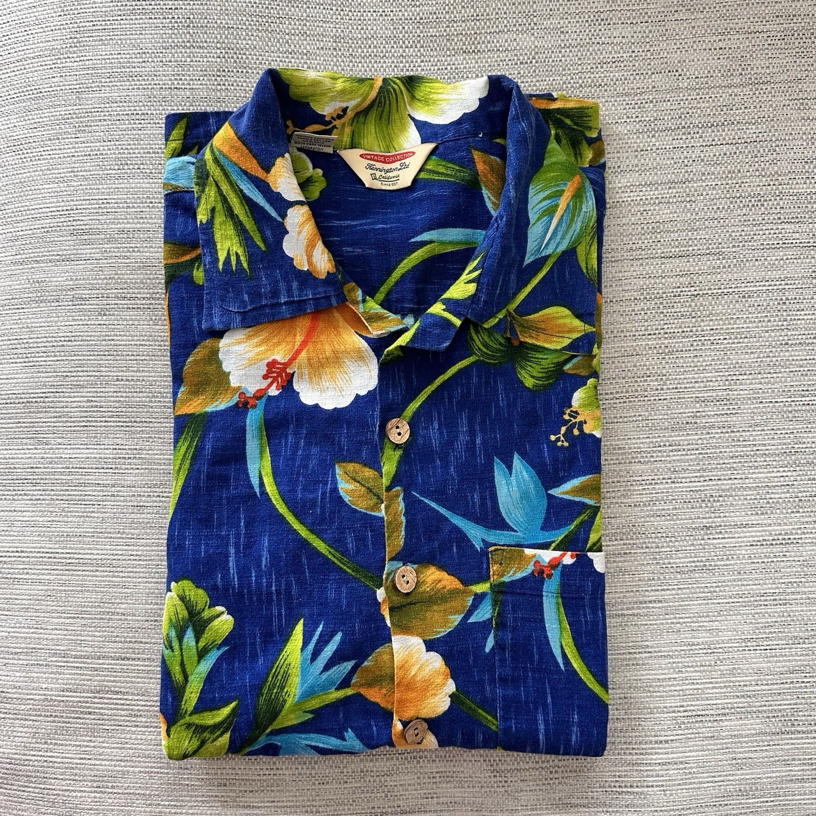 Kennington LTD Vintage Hawaiian Shirt, Large, Navy Blue, Tropical Floral Print
