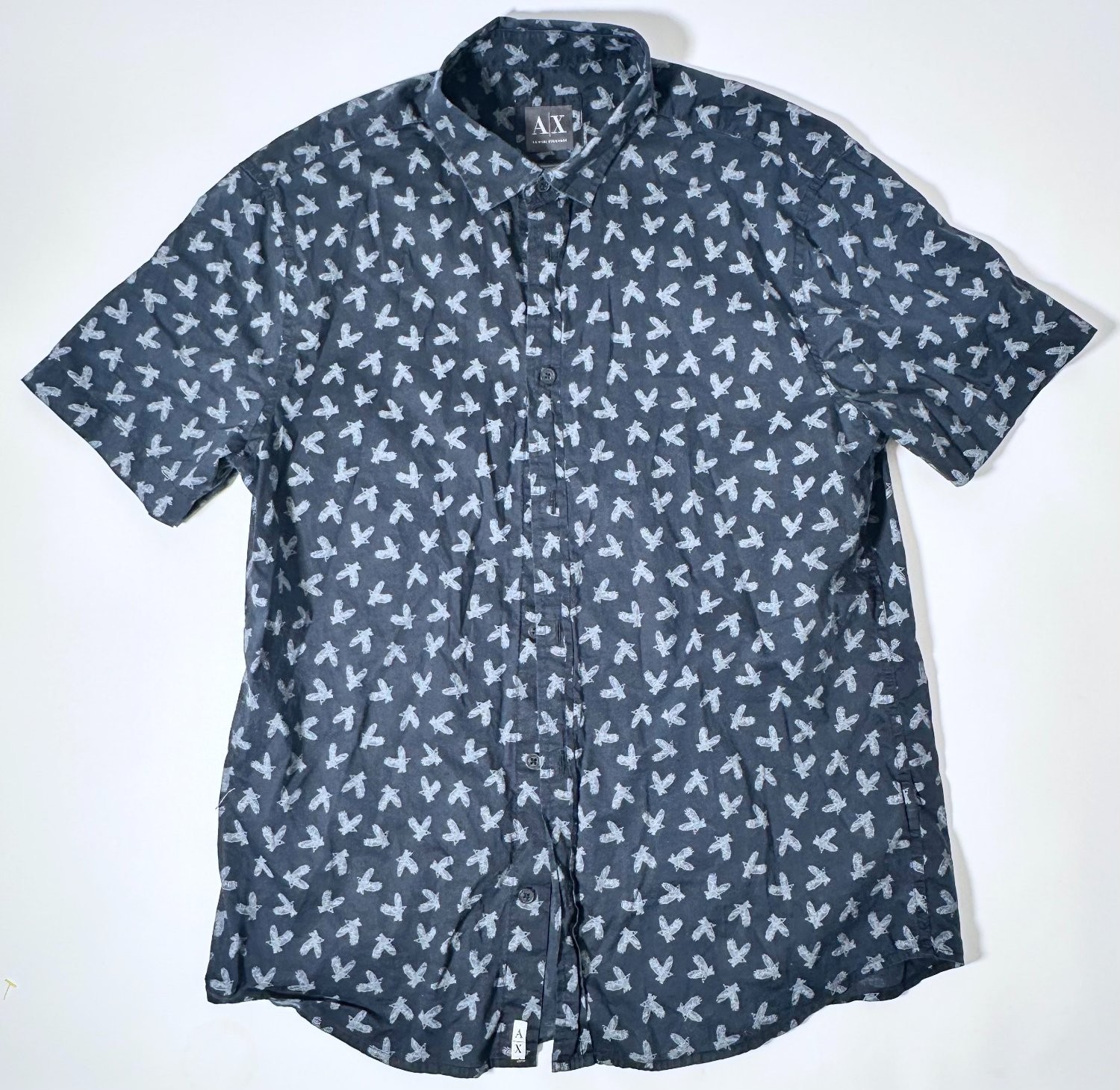 Armani Exchange AX Mens M Navy Blue Bird Print Short Sleeve Button Up Shirt