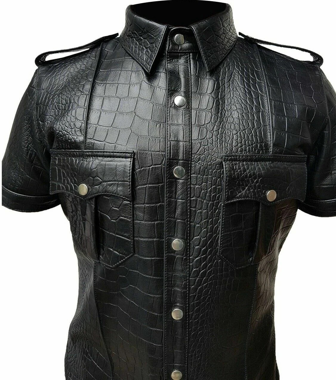 Men’s Black Leather Shirt Croc Alligator Embossed Biker Clubwear Short Sleeve