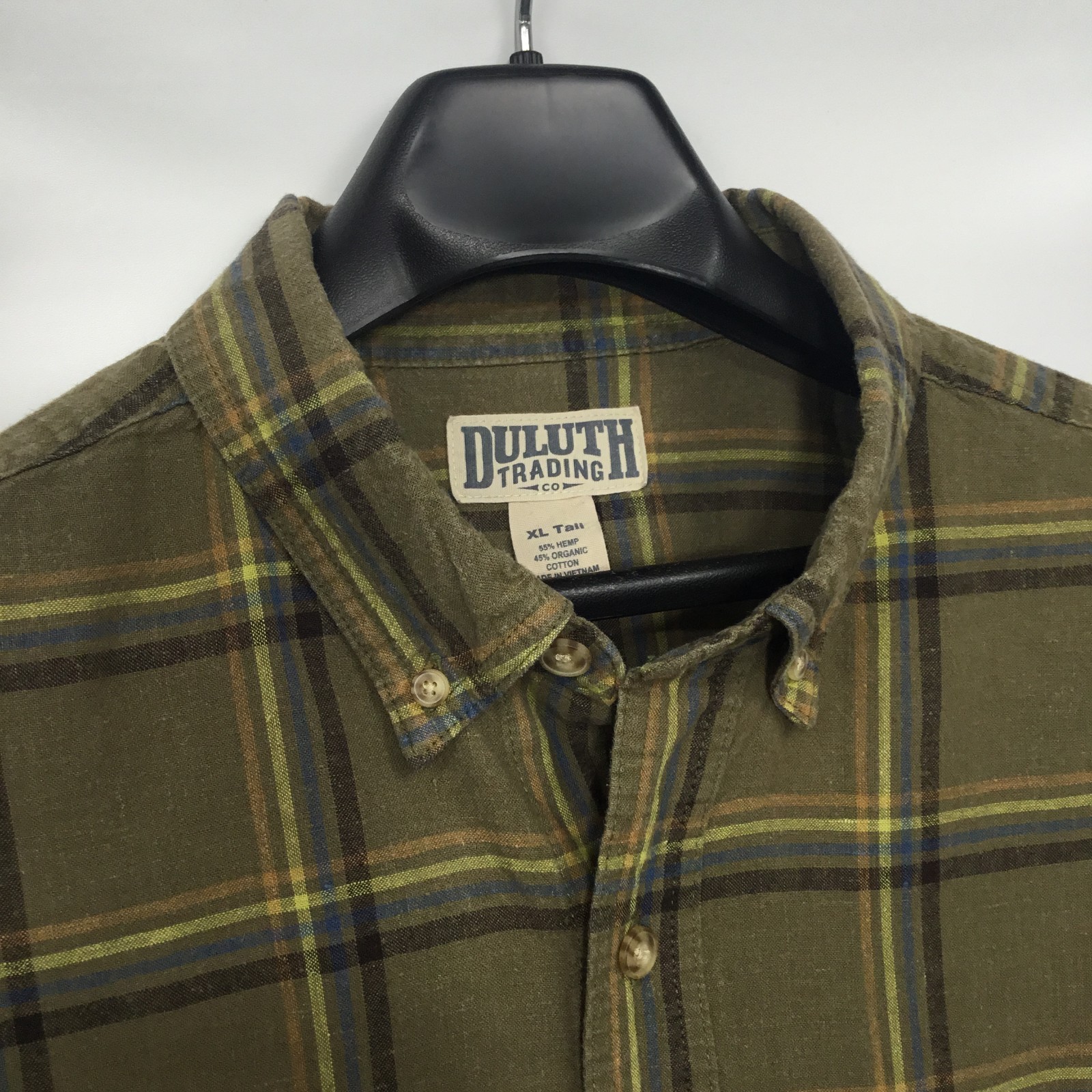 Duluth Mens Hemp Organic Cotton Shirt XLT Green Tattersall Short Sleeve Relaxed