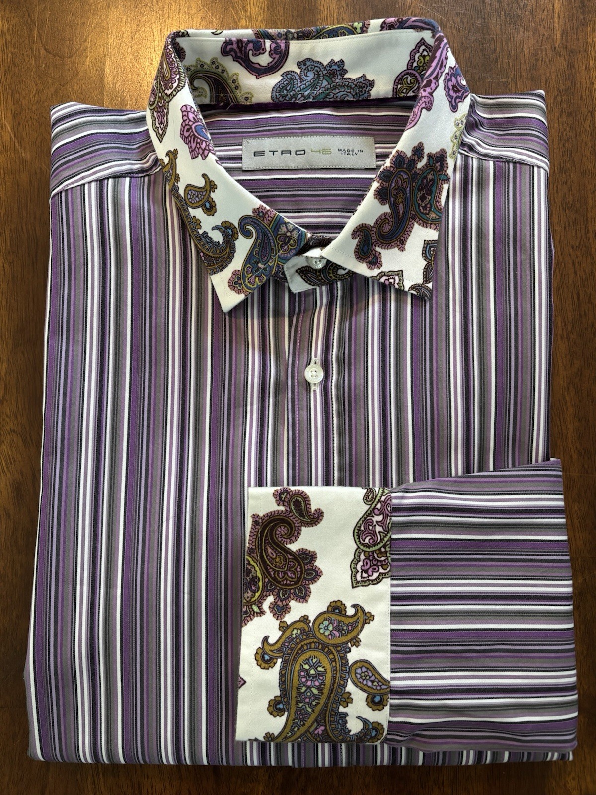 ETRO Shirt Mens Size 46 Purple Paisley Cuffs Floral Long Sleeve Button Up Italy