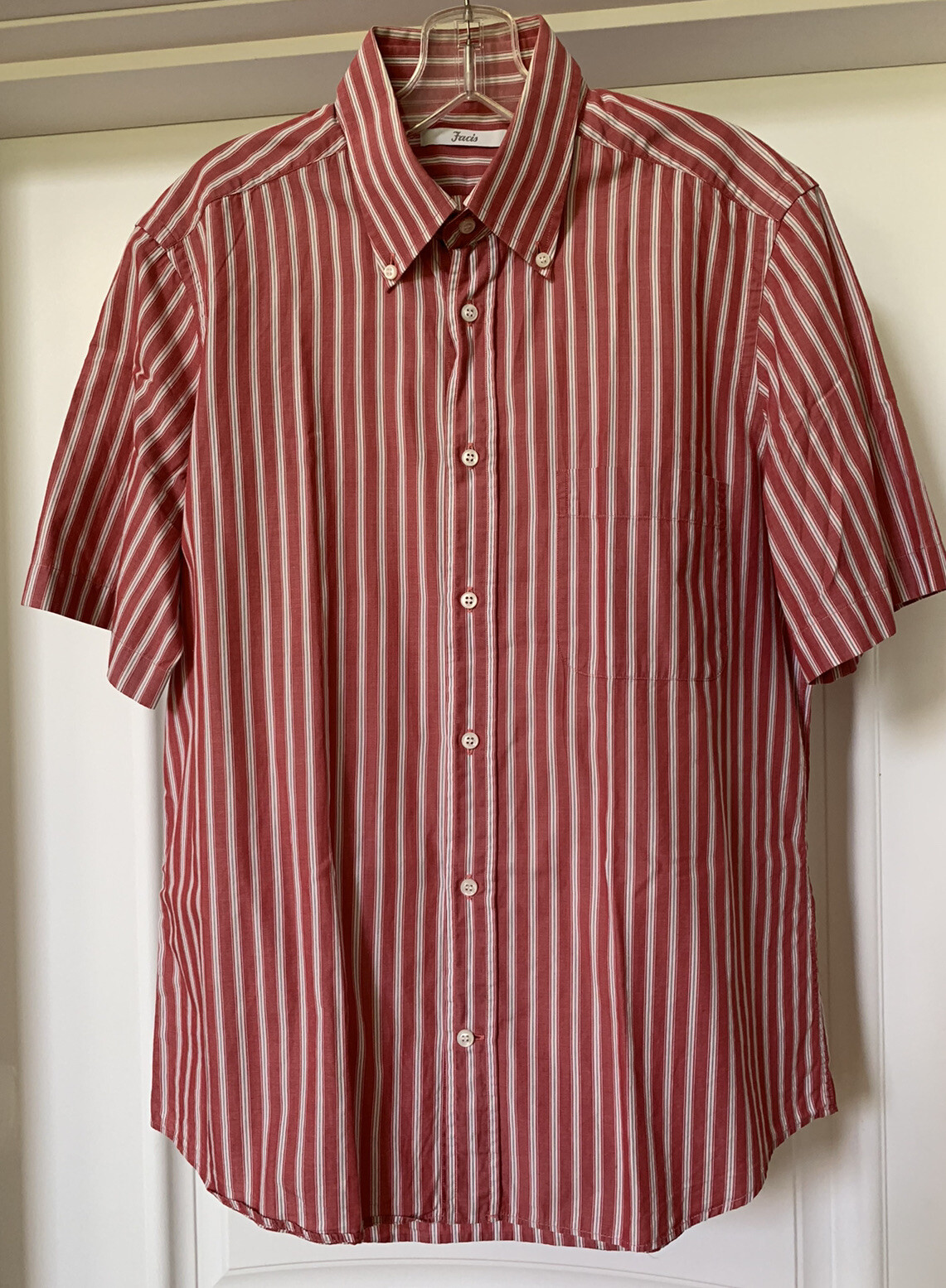 Facis Men’s Short Sleeve Button Down Shirt Stripe Red White Gray 16 41 EUC