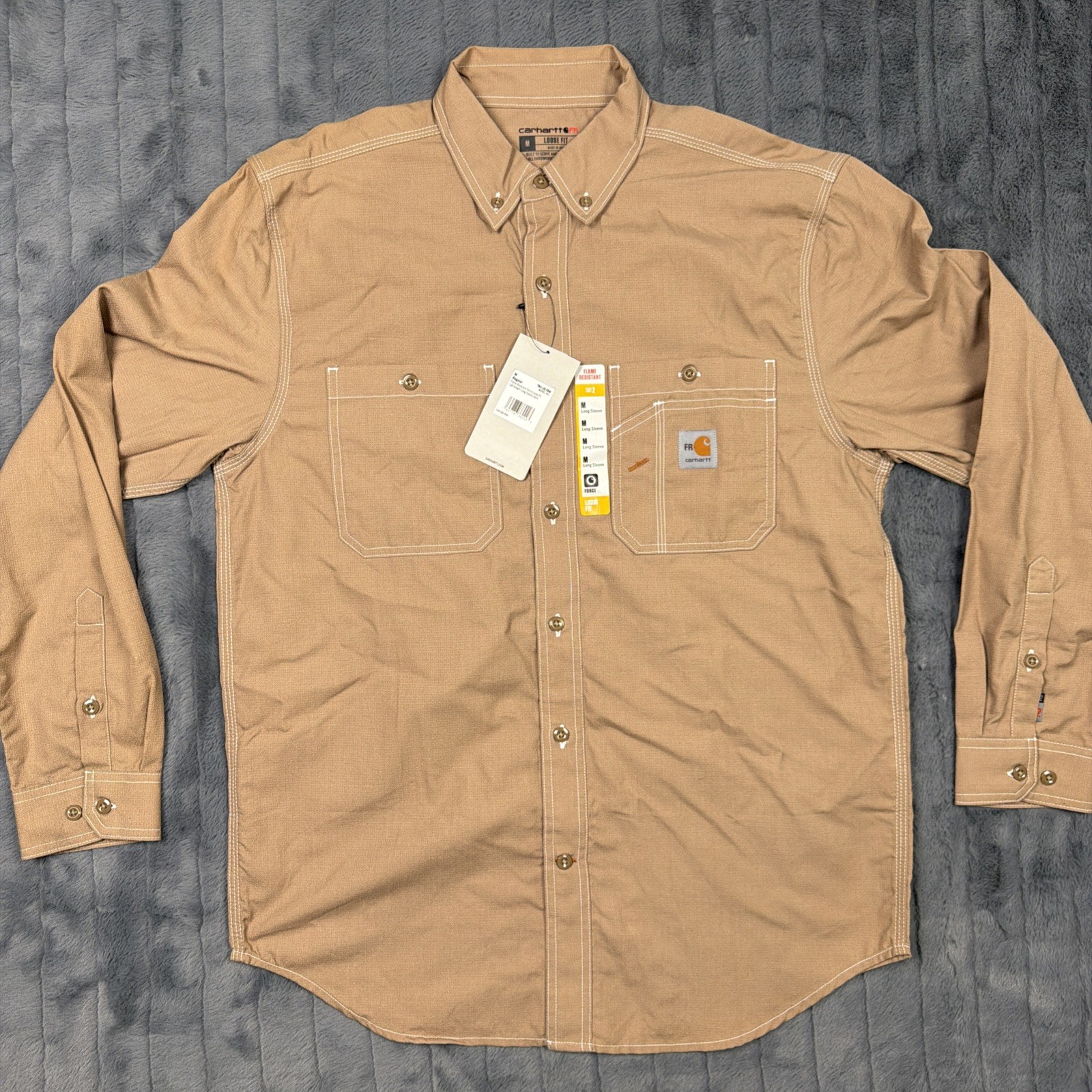 Carhartt FR Mens Medium Khaki Button Down Long Sleeve Shirt Flame Resistant