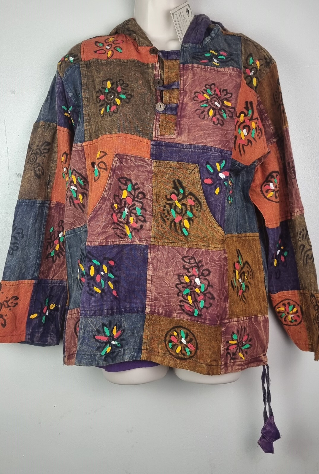 S-5XL Stonewashed Patchwork Hooded Boho Shirt Pullover Hippy Festival Kurta CS33
