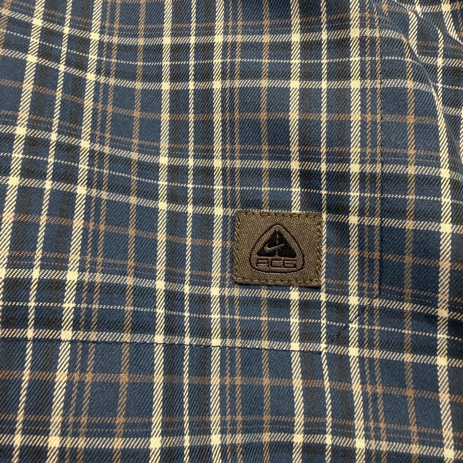 Vintage Nike ACG Mens Check Button Up Shirt Navy Blue Short Sleeve Classic Fit L