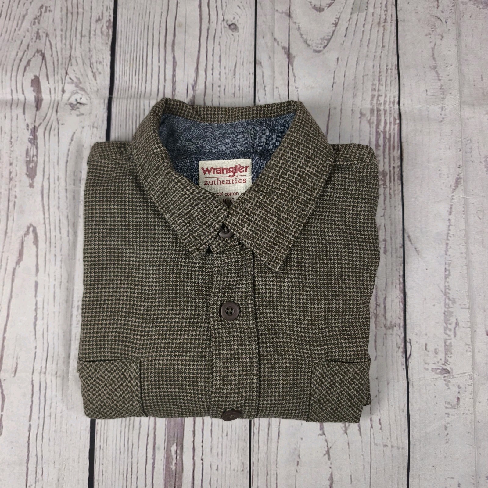 Wrangler Authentics Shirt Mens Large Brown Houndstooth Check Long Sleeve Cotton