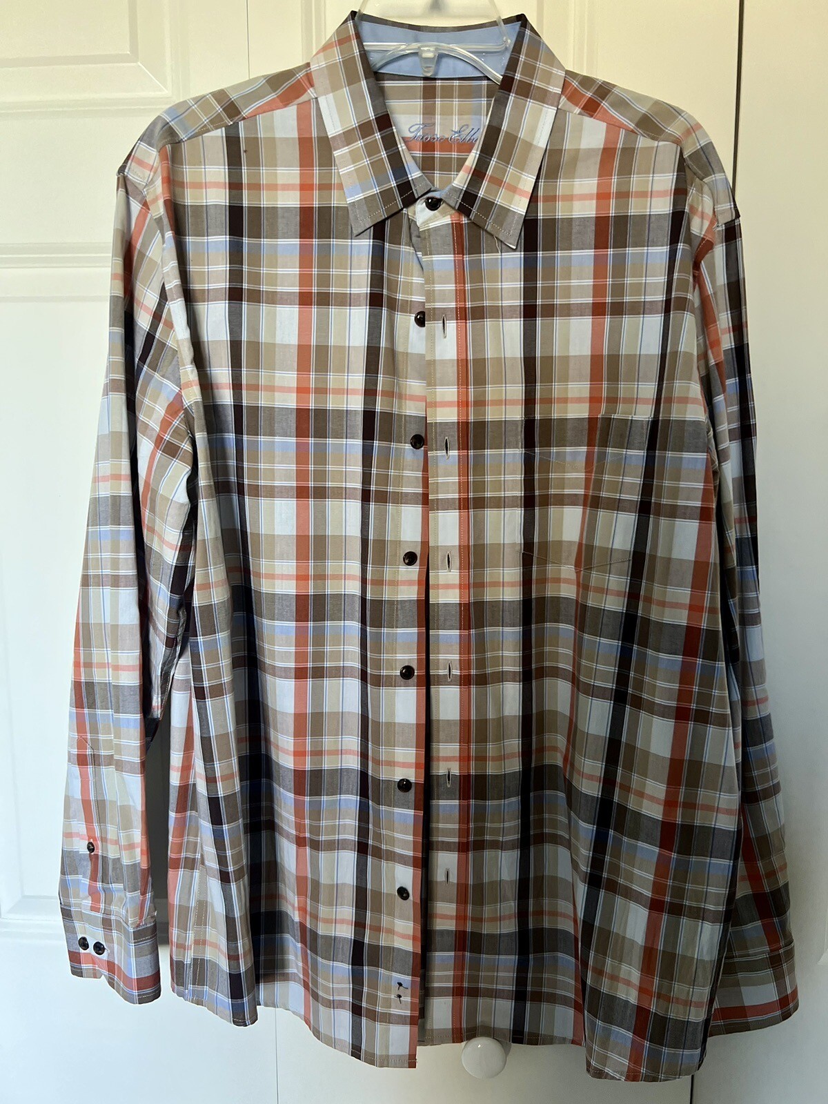 Tasso Elba Mens Plaid Button Shirt L (16~16.5) Long Sleeve Convertible Cuff New