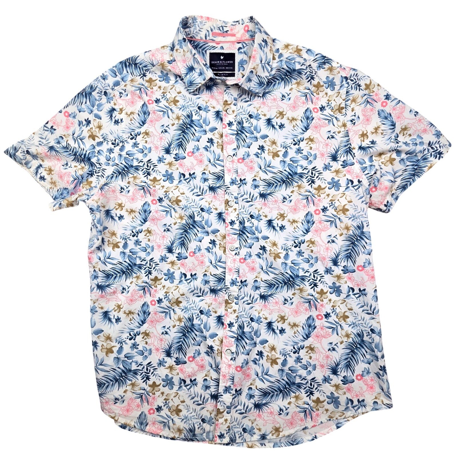 Denim & Flower Mens XL Slim Fit Tropical Floral Palm Short Sleeve Button Down