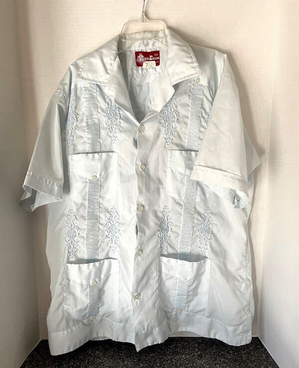 60s Vintage Yuca Chen Mens Guayabera Rockabilly Double Lapel Shirt Sz 42-E Blue