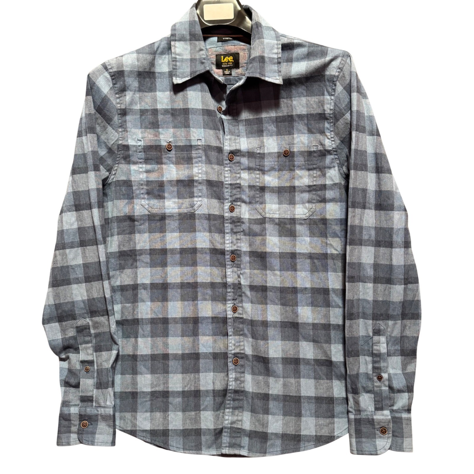 Lee Shirt Small Blue Plaid Stretch Button Regular Fit Utility Work Pockets