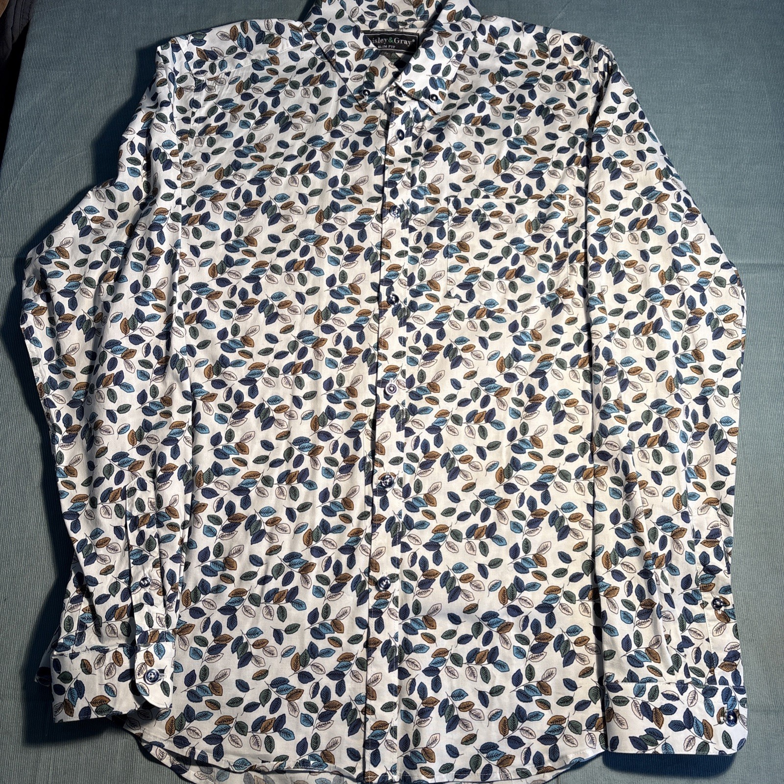Paisley & Gray Mens Slim Fit Leaf Print Button Down Shirt White Blue Green L 17
