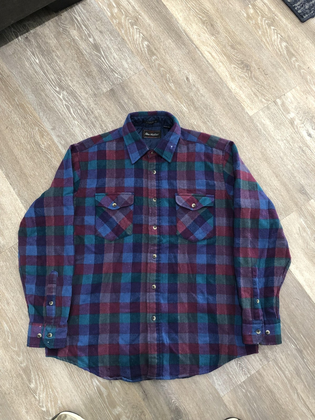 Vintage Allen Wickfield Shirt Mens Large Plaid Wool Flannel Blend Made Korea 80s
