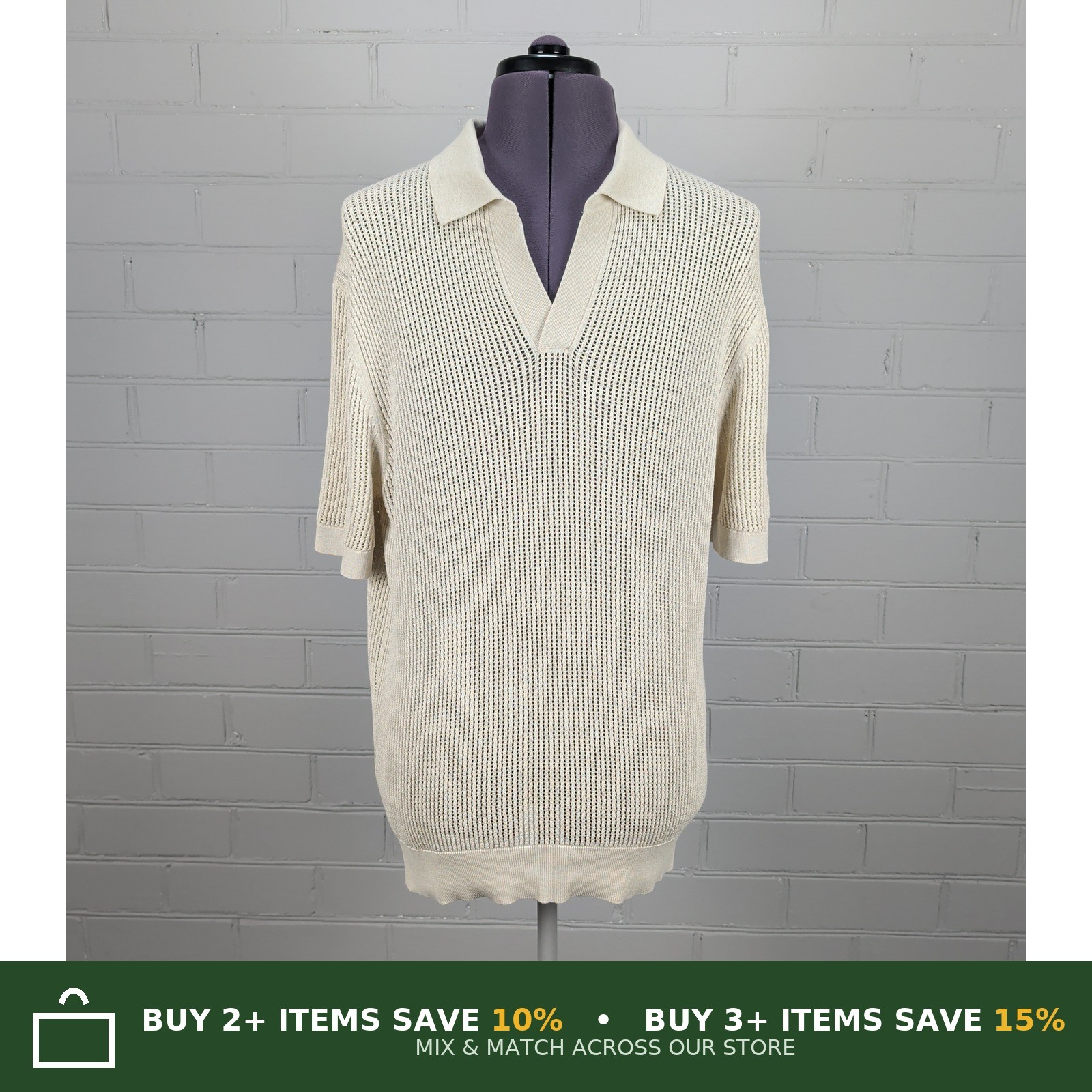 SUITSUPPLY Open Knit Cotton Silk Blend Polo Shirt Cream Short Sleeve XXL 44 in