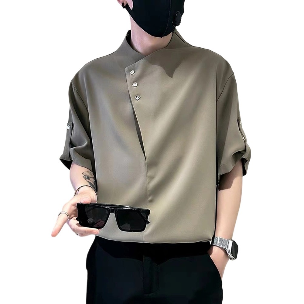 Men’s T Shirt Half Sleeve Irregular for stand Collar Casual Solid Color Spring