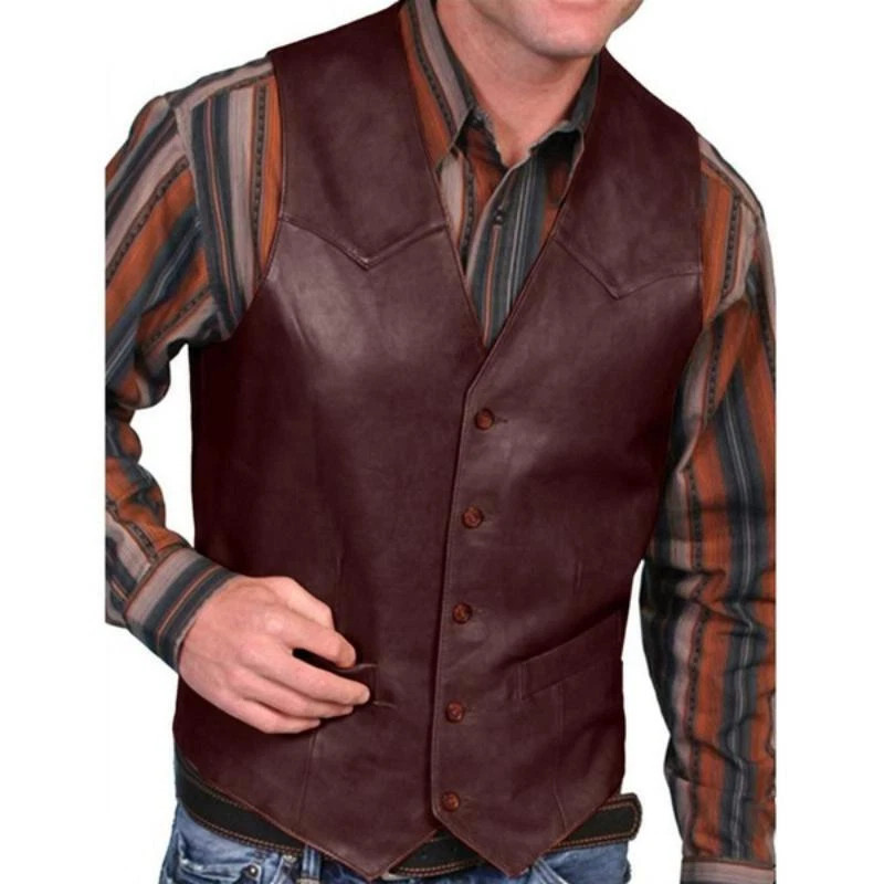 Mens Solid Leather V Neck Pocket Retro Color Vest Blouse+ Button Western Cowboy