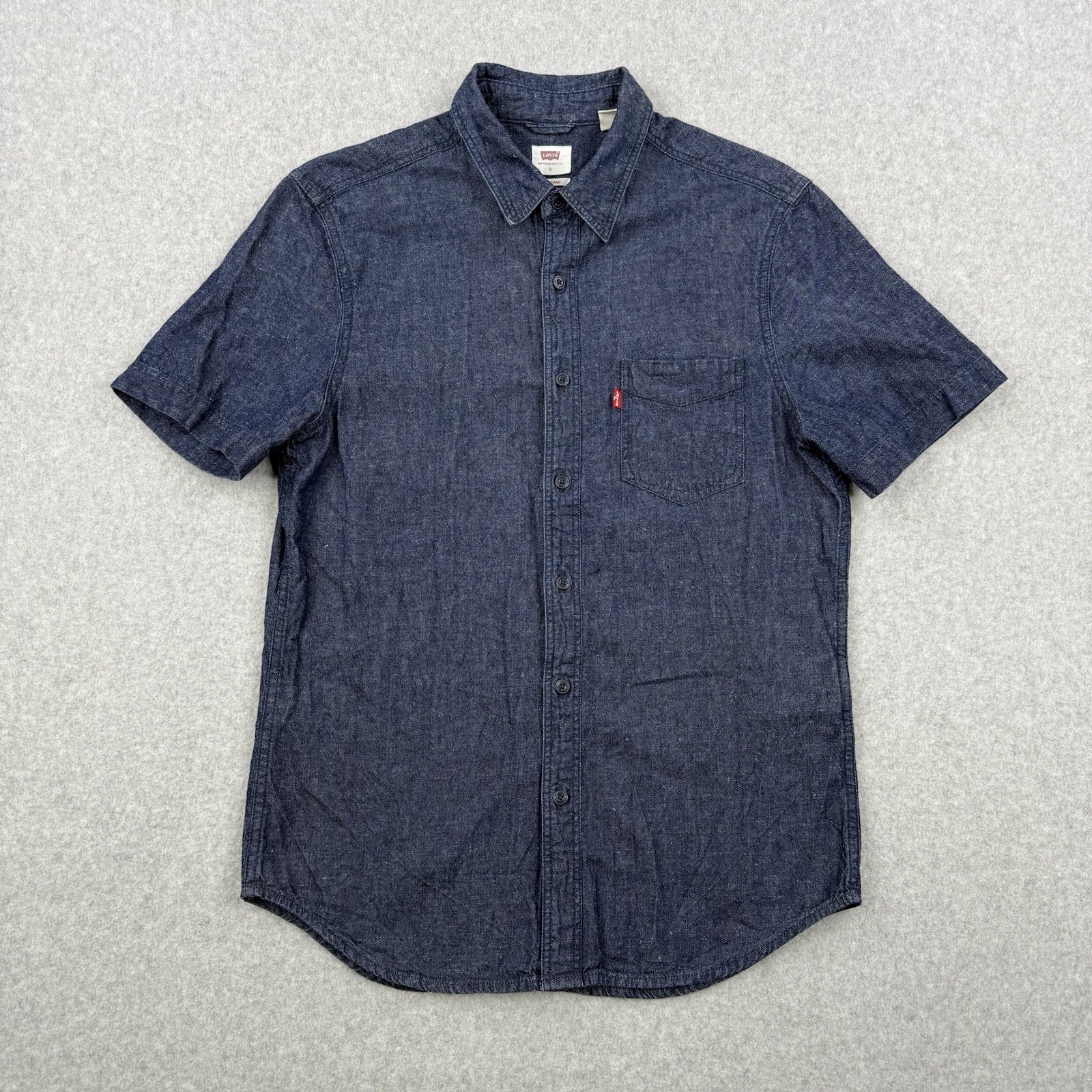 Levis Shirt Mens Small Blue Denim Hemp Blend Button Up Short Sleeve Casual