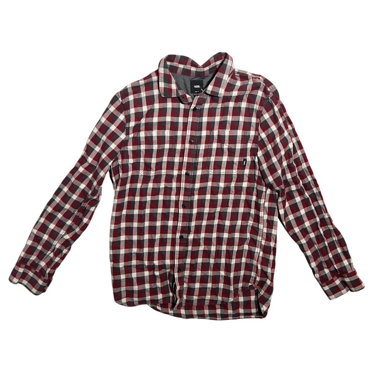 VANS Men’s Medium Tailored Fit Plaid Flannel Button Down Shirt Red White Gray